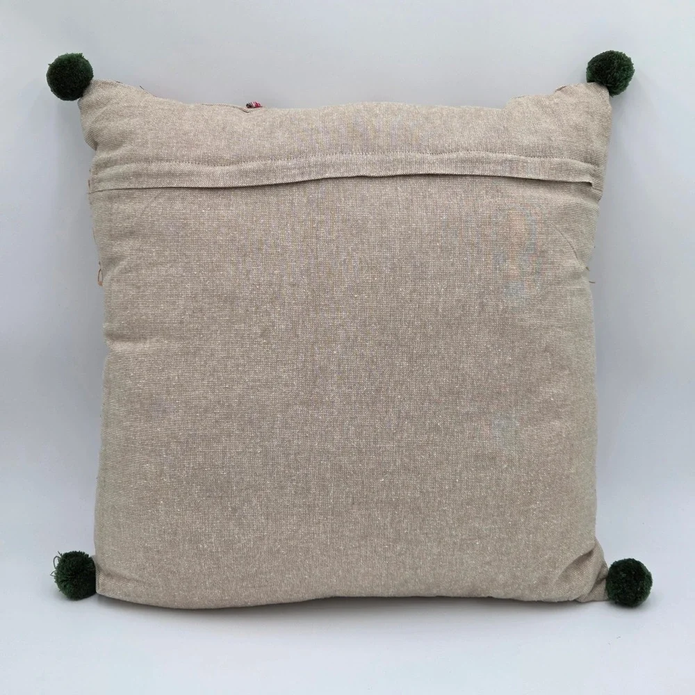 Holiday Holly‎ Berry Embroidered Throw Pillow Leaf Branch Plaid Pom Poms 18